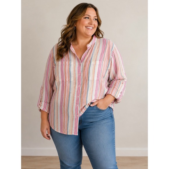 Lands' End Tops - Lands End Womens Linen Top Size 2X 20W-22W Womens Button Front Roll Tab Sleeve
